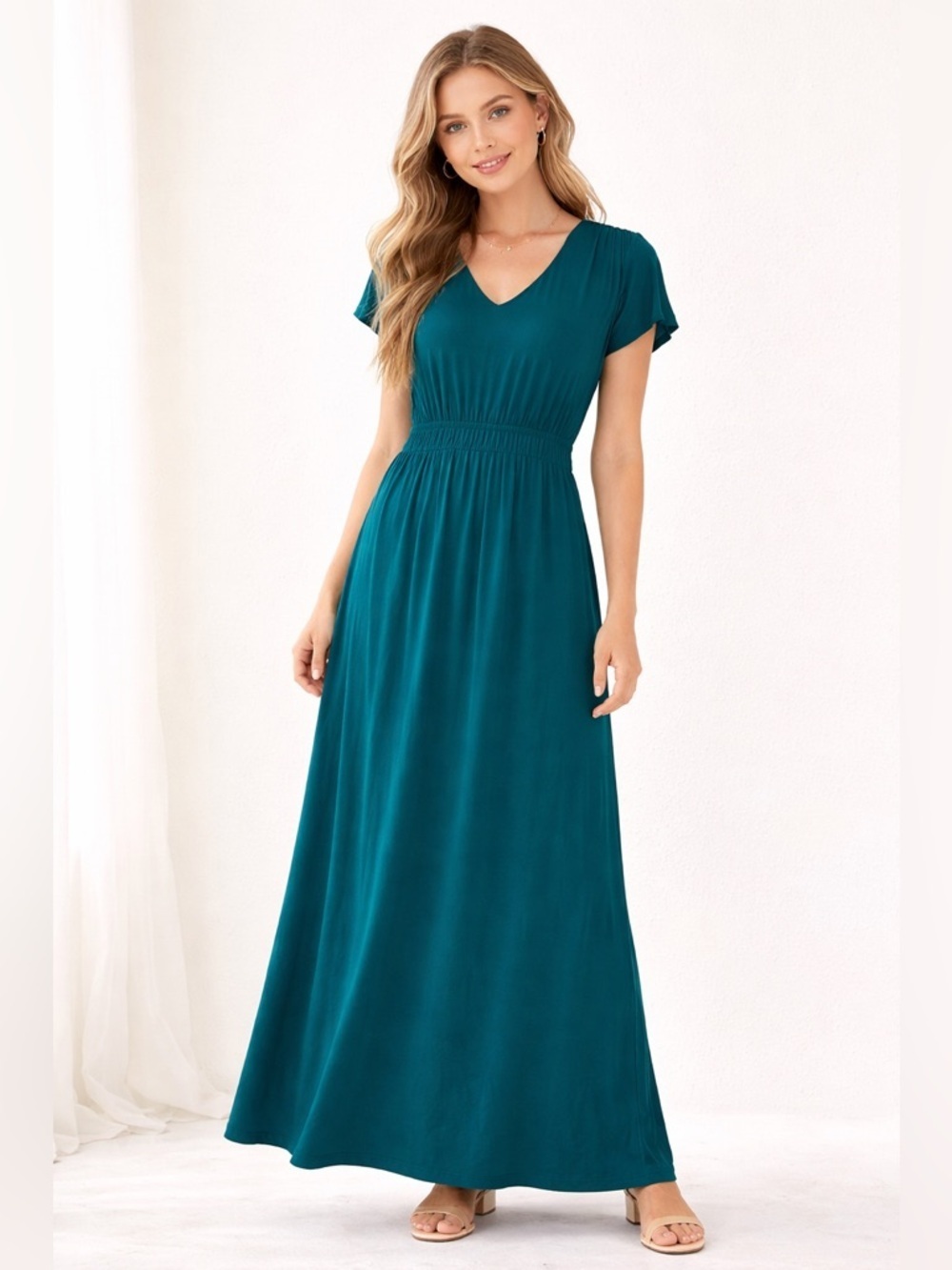 Soma green maxi dress V-neck flutter sleeves elastic waist liquid jersey size M